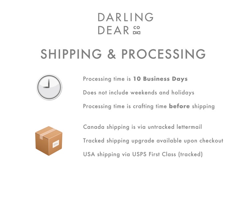 May include: White background with the text "DARLING DEAR CO" and "SHIPPING & PROCESSING". Includes a clock icon and a small brown box icon. Text details processing time and shipping methods.