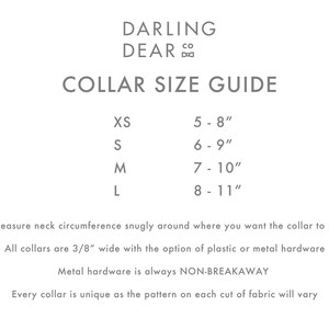 May include: A white graphic with the text "DARLING DEAR CO" and "COLLAR SIZE GUIDE." The guide lists sizes XS, S, M, and L with corresponding neck measurements in inches. Additional text provides collar details, including width and hardware options.