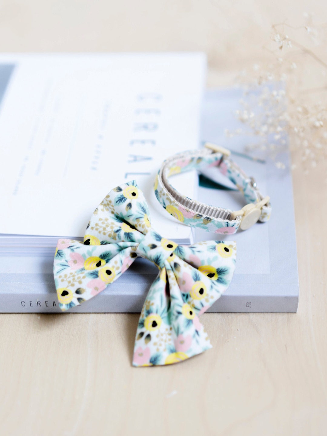Girl Bow Cat Collar Set Yellow Floral Spring Cat Collar, Rifle Paper Co