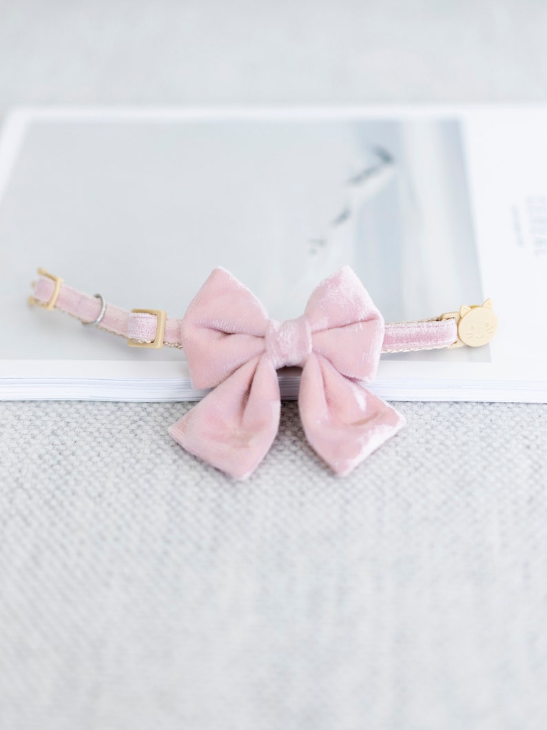 May include: A light pink velvet cat collar with a large bow. The collar has gold-colored hardware, including a buckle and a charm with a cat face. The collar is resting on a white surface.