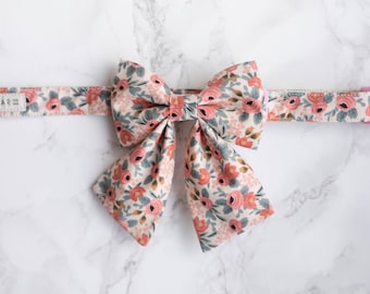 Girly Bow Dog Collar Set - Rifle Paper Co Pink Floral | Dog Sailor Bow, Pink Dog Collar, Rose Gold Dog Collar, Floral Dog Collar, Wedding