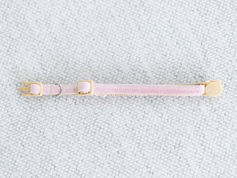 May include: A light pink cat collar with a gold-colored buckle and a small bell. The collar is made of a soft, velvet-like material and has a cat-shaped charm. The collar is designed for cats.