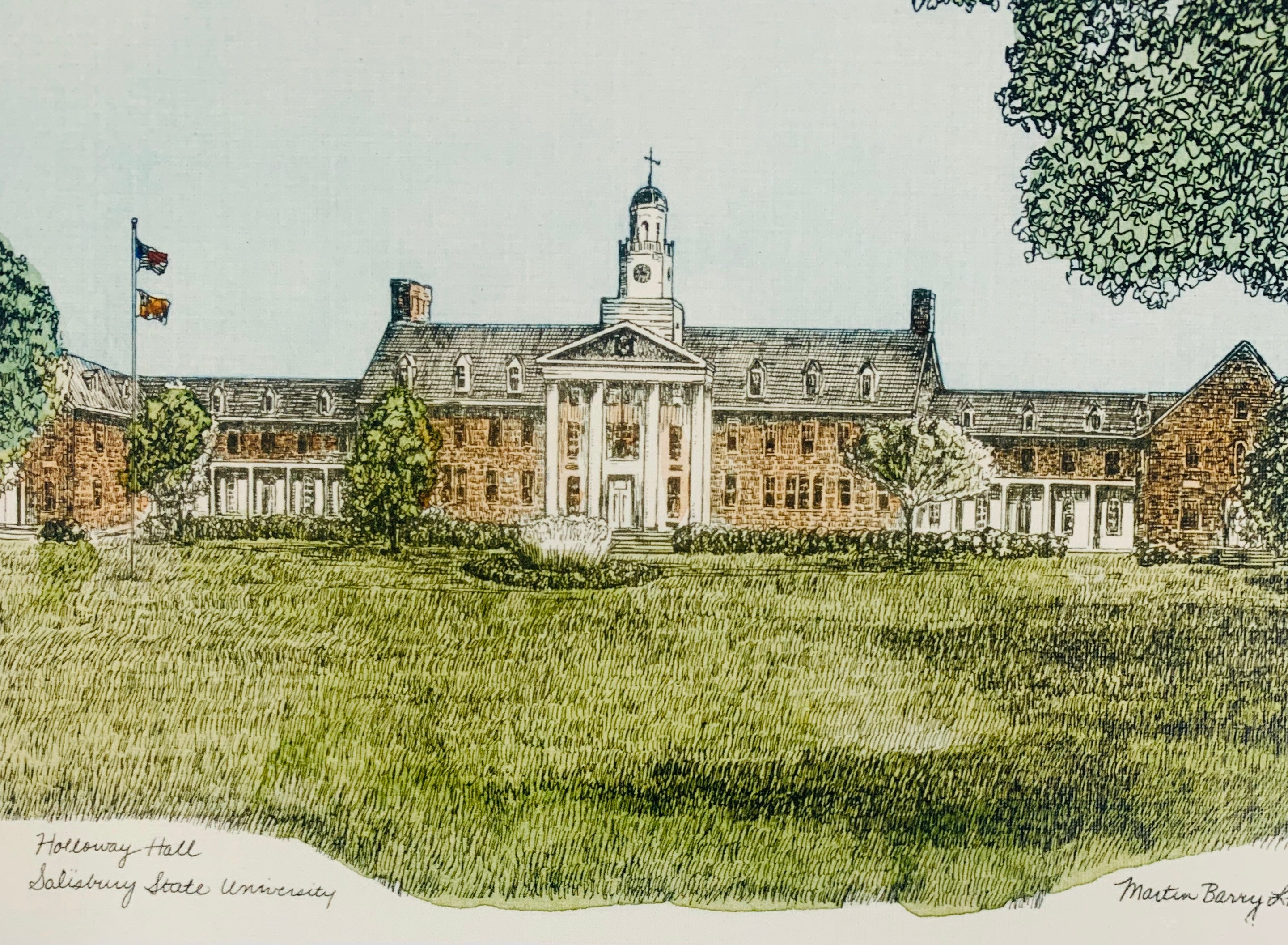 Salisbury University, pen and ink watercolor, by well known Maryland artist Martin Barry .