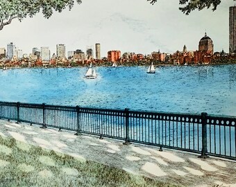 Boston Skyline, pen and ink watercolor print by well known Maryland artist Martin Barry