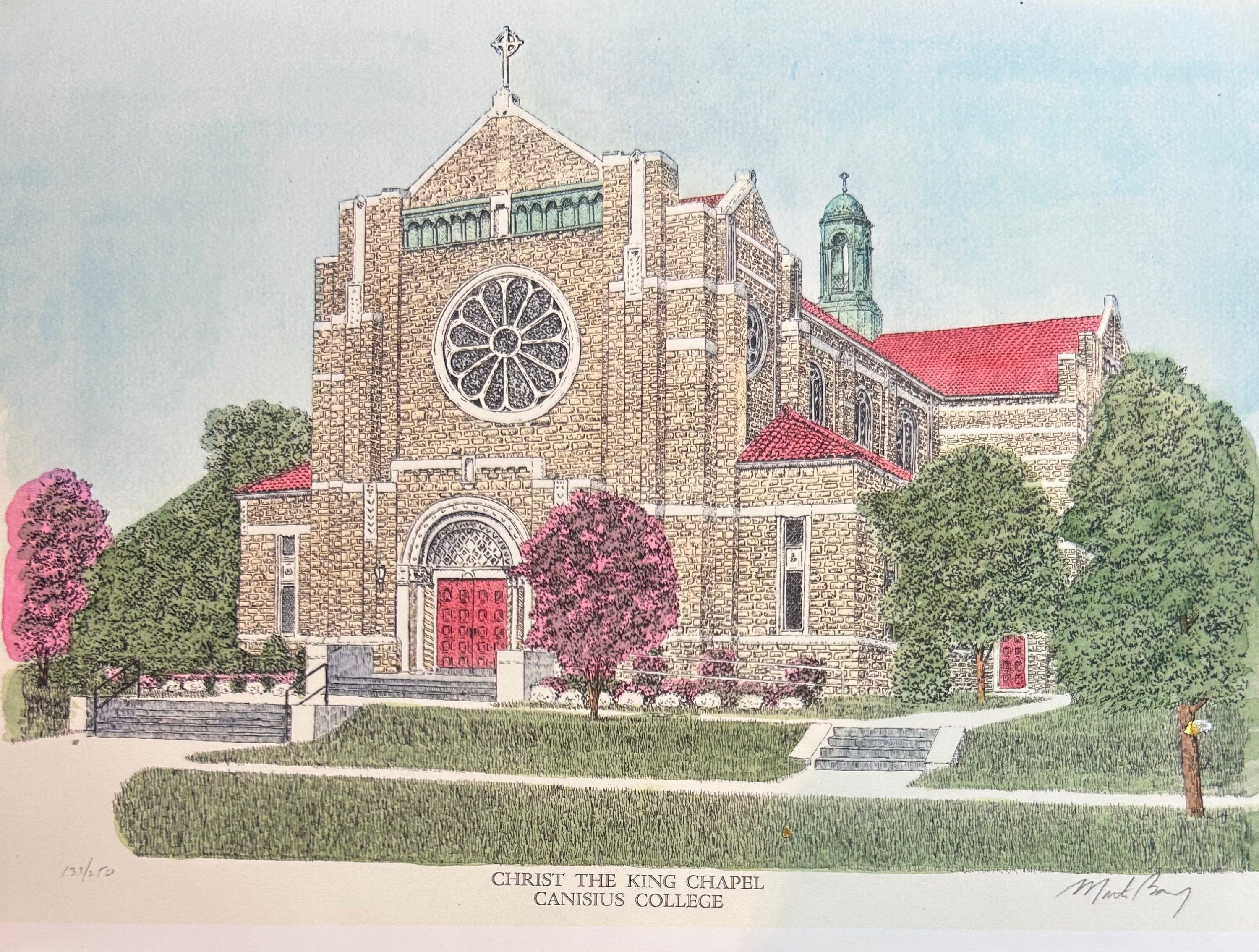 Canisius College , Christ the King Chapel  , pen and ink watercolor by well known artist Martin Barry .