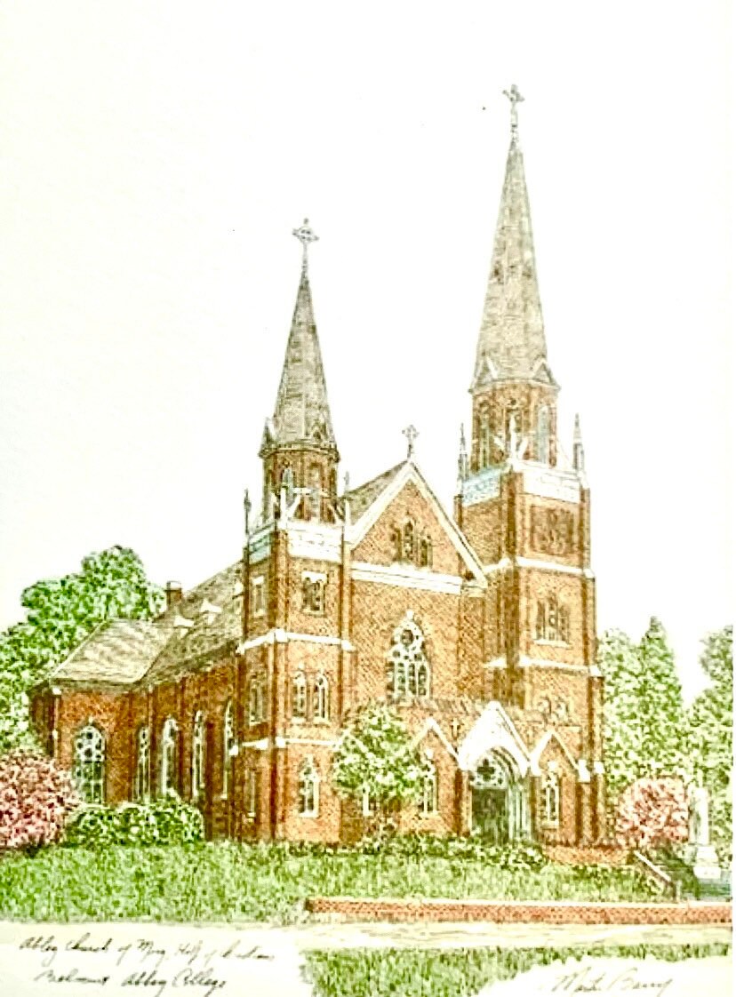 Belmont Abby College , pen and ink watercolor by well known artist Martin Barry .