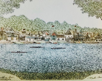 Boathouse Row, Philadelphia PA. Pen and ink watercolor print by well known Maryland artist Martin Barry.