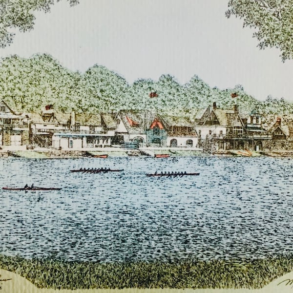 Boathouse Row, Philadelphia PA. Pen and ink watercolor print by well known Maryland artist Martin Barry.