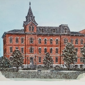 Purdue University, University Hall akvarelltryck med penna och bläck, av den välkände Maryland-konstnären Martin Barry.
