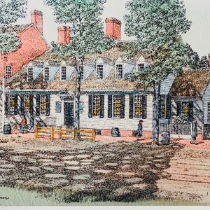 Raleigh Tavern, Williamsburg Virginia,Pen and ink watercolor by well known Maryland artist Martin Barry. image 1