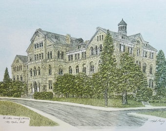 The Catholic University. A pen and ink watercolor by Maryland artist Martin Barry