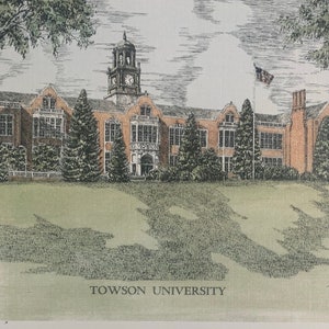 Towson University Stevens Hall, acuarela con pluma y tinta del artista de Maryland Martin Barry
