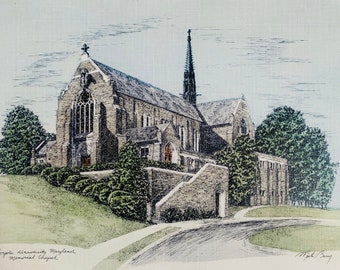 Loyola University Maryland Chapel, pen and ink watercolor print cub well known Maryland artist Martin Barry.