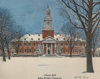 Johns Hopkins University , Gilman Hall Winter , a pen and ink watercolor by Maryland artist Martin Barry