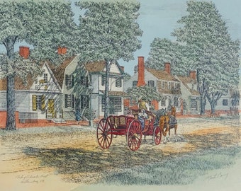 Williamsburg , Duke of Gloucester  St. by well known artist Martin Barry available framed  or matted only in 8x10” and 16 x20” sizes .