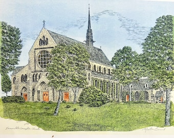 Immaculate Conception Church , Towson Md ,pen and ink watercolor by Maryland artist Martin Barry