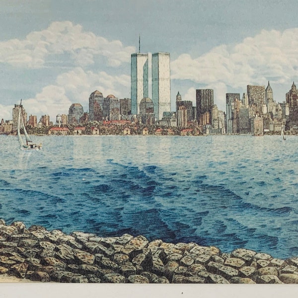 New York Skyline ,1990 . pen and ink watercolor print by well known Maryland artist Martin Barry.