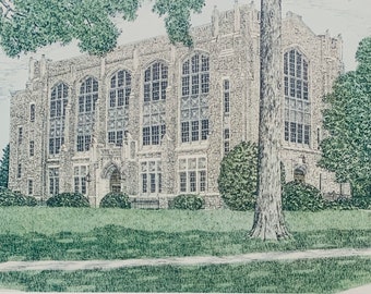Jenkins Hall , Loyola University Maryland. Pen and ink watercolor by well known artist Martin Barry.