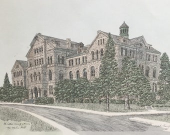 The Catholic University Washington DC,pen and ink watercolor by Maryland artist Martin Barry