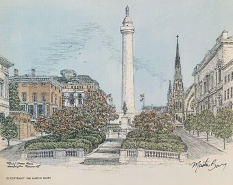 Mt Vernon Place ,Baltimore ,pen and ink watercolor by Maryland artist Martin Barry