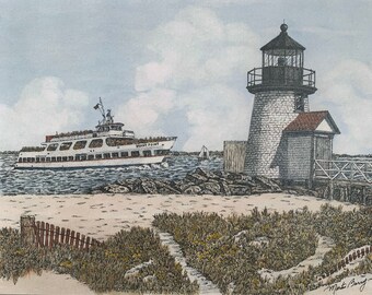 Brant Point Lighthouse. Nantucket mass , by artist Martin Barry , pen and ink watercolor prints
