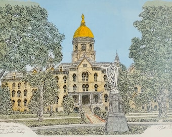 University of Notre Dame, Indiana. Pen and ink watercolor print by well known artist Martin Barry.
