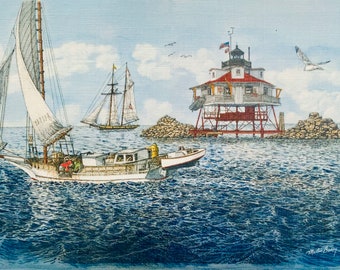 Thomas Point Lighthouse ll , pen and ink watercolor  print and tee shirts and sweatshirts  by Maryland artist Martin Barry.