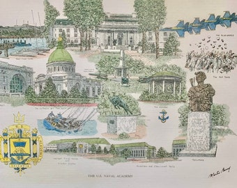 US Naval Academy Collage. An assortment of points of interest on campus ,by artist Martin Barry