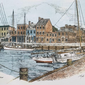 Fells Point ,Baltimore, pen and ink watercolor by Maryland artist Martin Barry .