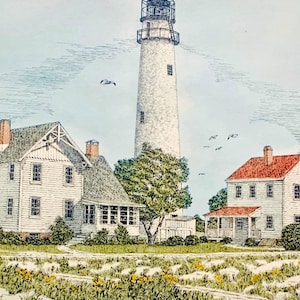 Fenwick Island Lighthouse 2 print,pen and ink watercolor by well known Maryland artist Martin Barry.