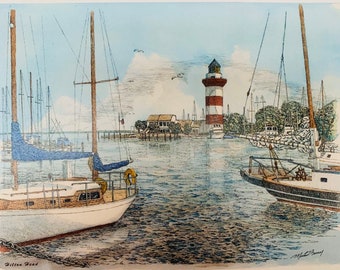 Hilton Head ,Harbor Town ,South Carolina ,pen and ink watercolor by Maryland artist Martin Barry