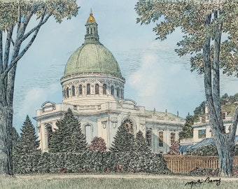 US Naval Academy Chapel , Annapolis , MD by artist Martin Barry . Pen and ink , watercolor print  framed or matted only .