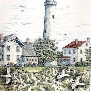 Fenwick Island Lighthouse I, a pen and ink watercolor print by well known Maryland artist Martin Barry.