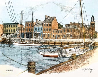 Fells Point ,Baltimore, pen and ink watercolor by Maryland artist Martin Barry .