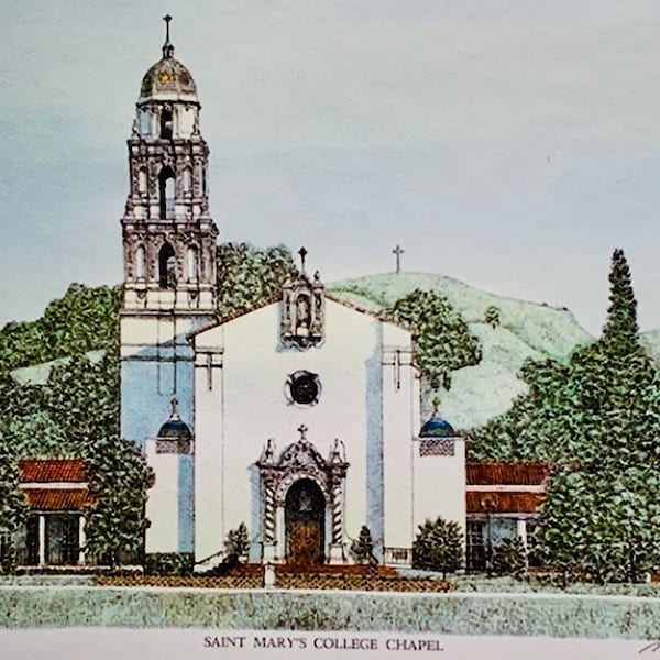 Saint Mary’s College of California, pen and ink watercolor by well known artist Martin Barry