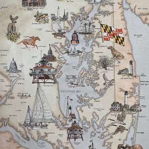 May include: A hand-drawn map of the Chesapeake Bay, Maryland, with illustrations of landmarks, towns, and cities. The map is in a vintage style with a brown and blue color scheme. The text "The Chesapeake Bay" is at the top of the map.