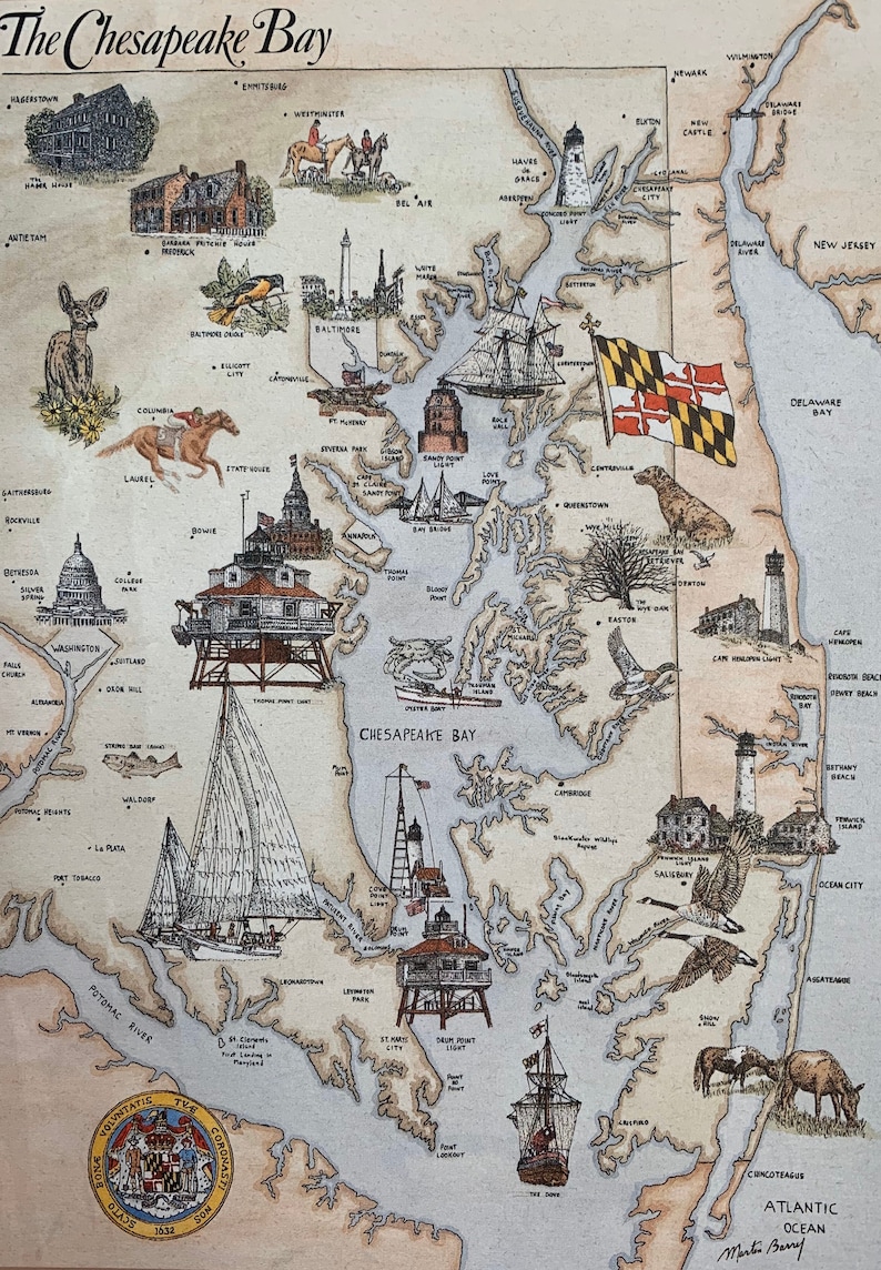 May include: A hand-drawn map of the Chesapeake Bay, Maryland, with illustrations of landmarks, towns, and cities. The map is in a vintage style with a brown and blue color scheme. The text "The Chesapeake Bay" is at the top of the map.