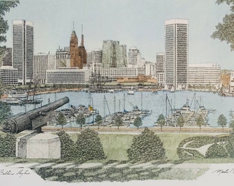 Baltimore Skyline from Federal Hill , by artist Martin Barry . Pen and ink ,watercolor.