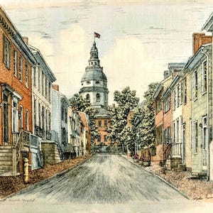 Cornhill St , Annapolis Md. pen and ink watercolor by artist Martin Barry