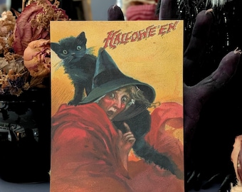 5x7 Art Print Vintage Illustration Halloween Night Witch Black Cat Familiar Victorian Era Goth Gothic Horror Home Wall Decor Weird Gift
