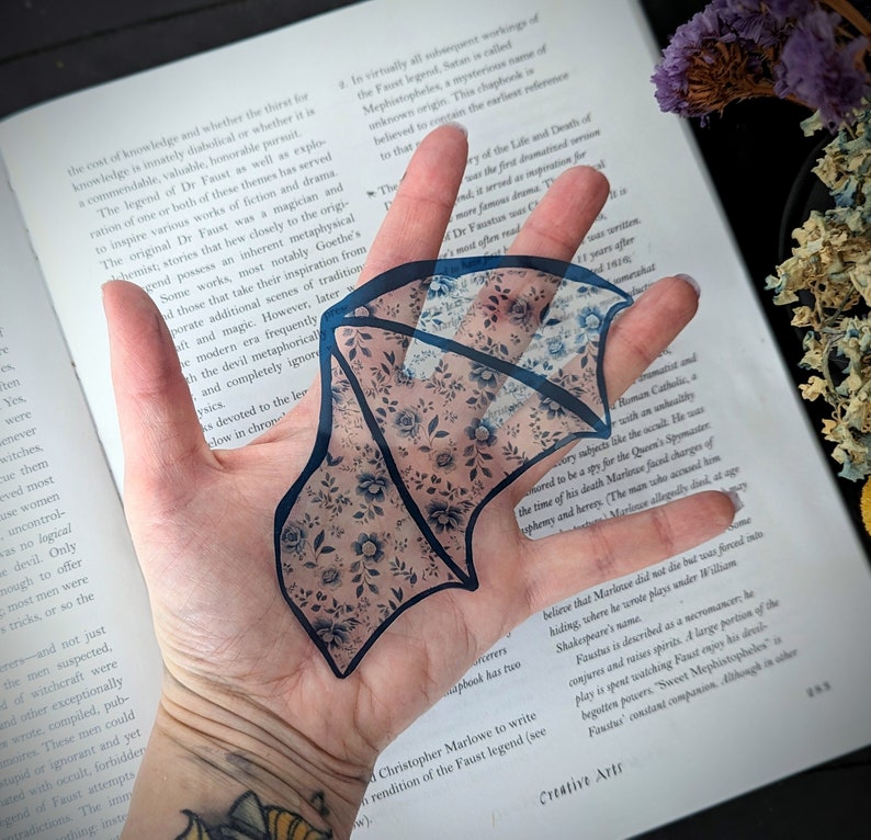 Clear Bookmark Blue Floral Flower Patterned Bat Dragon Wing Goth Gothic Dark Academia Book Lover Reader Gift Handmade Artist image 3