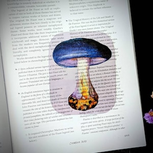 May include: A blue and yellow mushroom with a white stem and a blue cap. The mushroom is illustrated with a watercolor style and has a white background. The text "The Tragical History of the Life and Death of Dr Faustus" is visible in the background.
