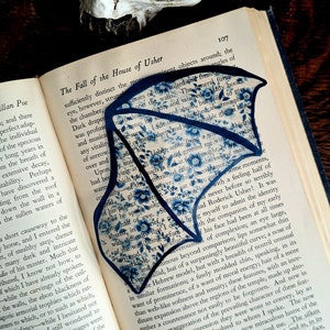 Clear Bookmark Blue Floral Flower Patterned Bat Dragon Wing Goth Gothic Dark Academia Book Lover Reader Gift Handmade Artist image 4