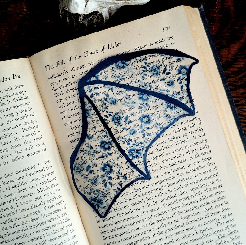 Clear Bookmark Blue Floral Flower Patterned Bat Dragon Wing Goth Gothic Dark Academia Book Lover Reader Gift Handmade Artist image 4