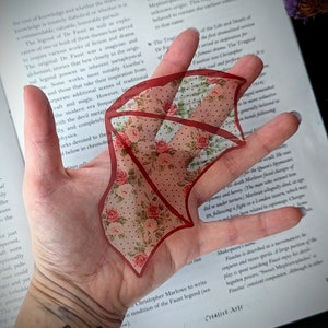 Clear Bookmark Red Floral Flower Patterned Bat Dragon Wing Goth Gothic Dark Academia Book Lover Reader Gift Handmade Artist image 3