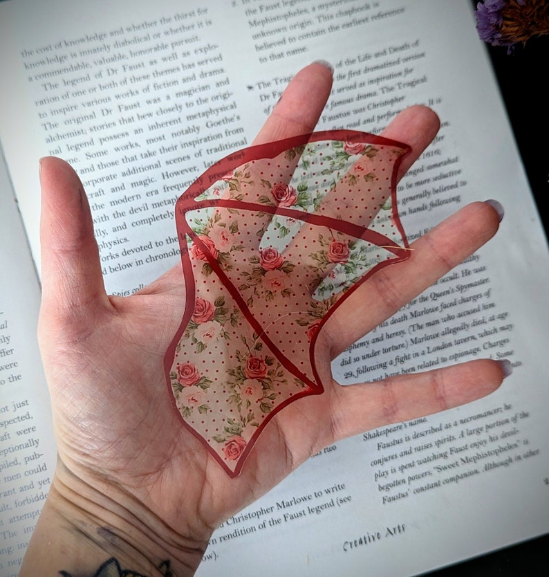 Clear Bookmark Red Floral Flower Patterned Bat Dragon Wing Goth Gothic Dark Academia Book Lover Reader Gift Handmade Artist image 3