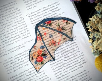 Clear Bookmark Floral Flower Patterned Bat Dragon Wing Goth Gothic Dark Academia Book Lover Reader Gift Handmade Artist