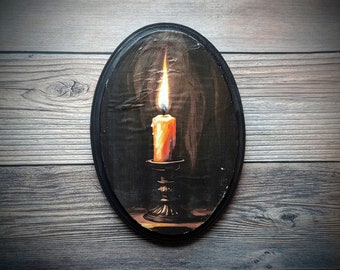 5" x 7" Wood Wooden Plaque Wall Art Sign Lit Candle Painting Goth Gothic Dark Academia Cottagecore Decor Halloween Horror Aesthetic Grunge