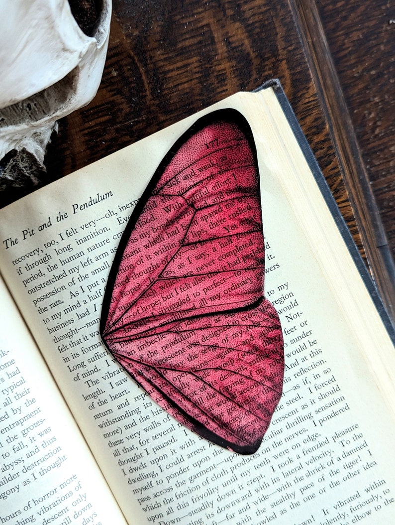 Clear Bookmark Vintage Pink Butterfly Moth Wing Insect Nature Dark Academia Fairycore Cottagecore Handmade Artist Book Reader Lover Gift image 4