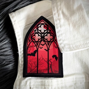 Sew-on Patch Red Gothic Cathedral Church Victorian Window Flying Bats Goth Horror Halloween Oddities Dark Academia Handmade Artist